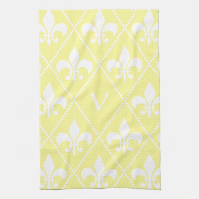 Cream Fleur de Lis with monogram initial Tea Towel (Vertical)