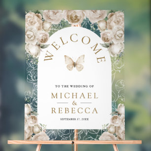 Cream Floral Arch Butterfly Wedding Welcome Acrylic Sign