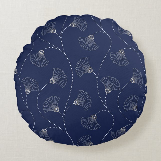 Cream Floral Art Nouveau Indigo Round Cushion (Front)