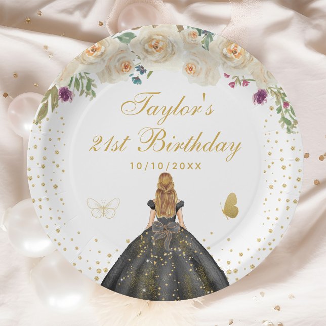 Cream Floral Blonde Hair Girl Birthday Party Paper Plate (Creator Uploaded)