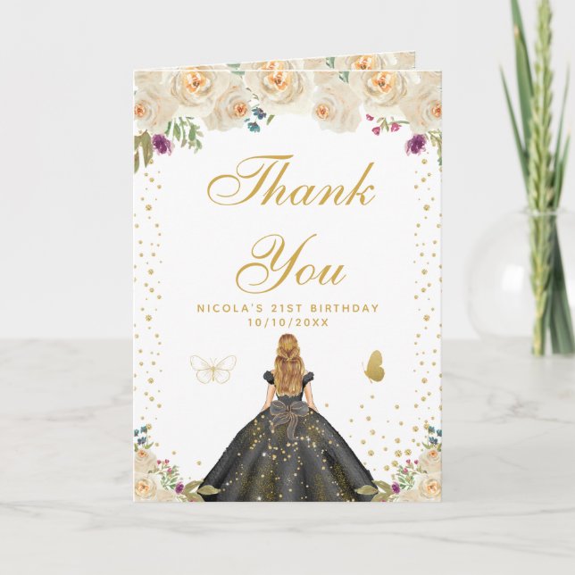 Cream Floral Blonde Hair Girl Birthday Thank You Card (Front)