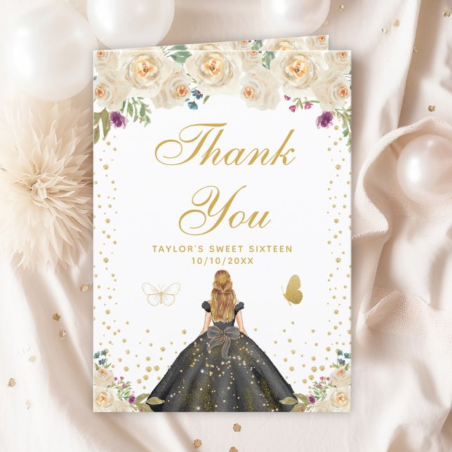 Cream Floral Blonde Hair Girl Sweet Sixteen Thank You Card (Creator Uploaded)