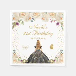 Cream Floral Blonde Hair Princess Birthday Party Napkin
