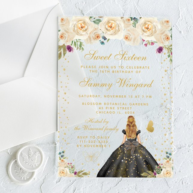 Cream Floral Blonde Hair Princess Sweet Sixteen Acrylic Invitations (Creator Uploaded)