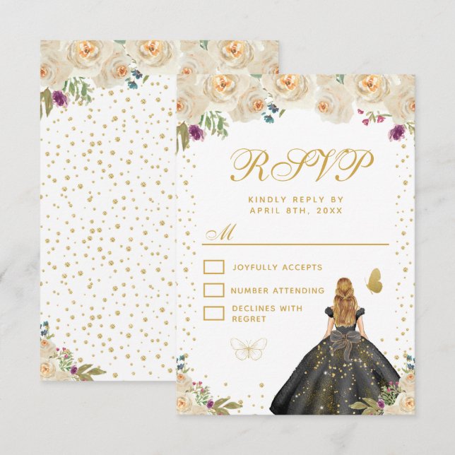 Cream Floral Blonde Hair Princess Sweet Sixteen RSVP Card (Front/Back)