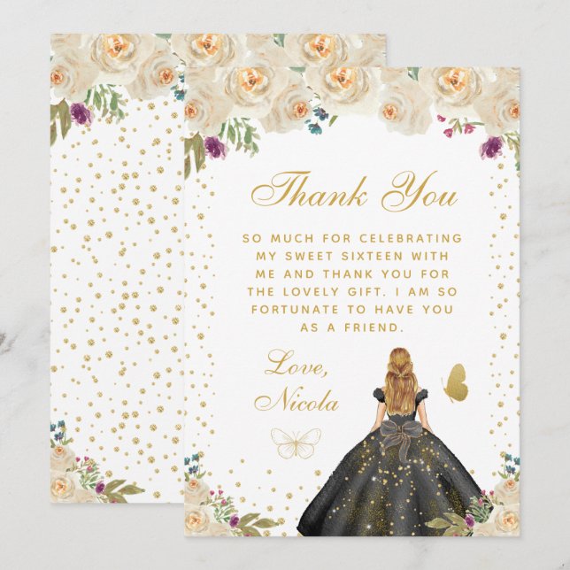 Cream Floral Blonde Hair Princess Sweet Sixteen Thank You Card (Front/Back)