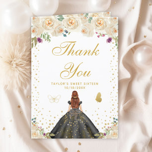 Cream Floral Brown Hair Girl Sweet Sixteen Thank You Card