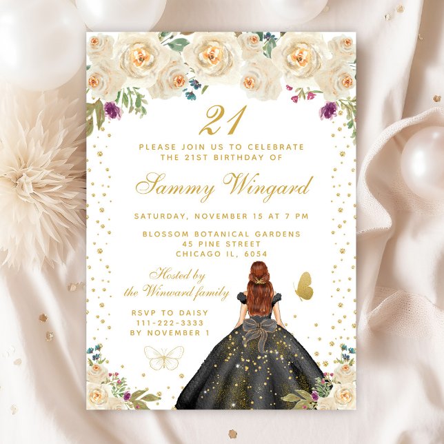 Cream Floral Brown Hair Princess Birthday Party Invitation (Creator Uploaded)