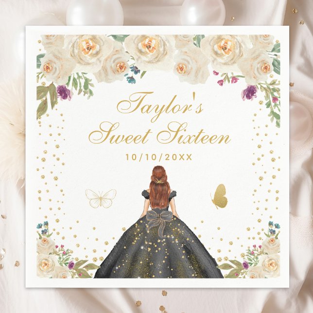Cream Floral Brown Hair Princess Sweet Sixteen Napkin (Creator Uploaded)