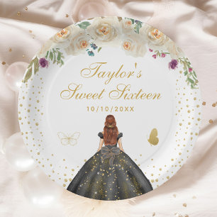 Cream Floral Brown Hair Princess Sweet Sixteen Paper Plate