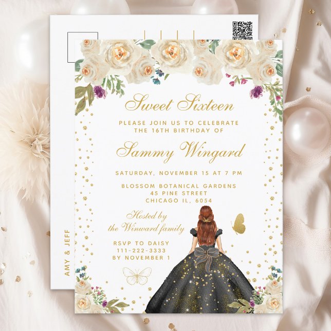 Cream Floral Brown Hair Princess Sweet Sixteen Postcard (Creator Uploaded)