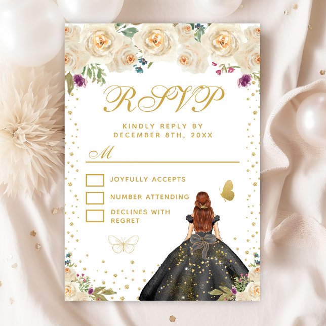 Cream Floral Brown Hair Princess Sweet Sixteen RSVP Card (Creator Uploaded)