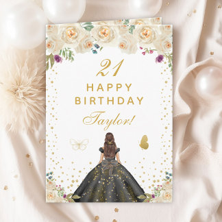 Cream Floral Brunette Hair Girl Happy Birthday Card