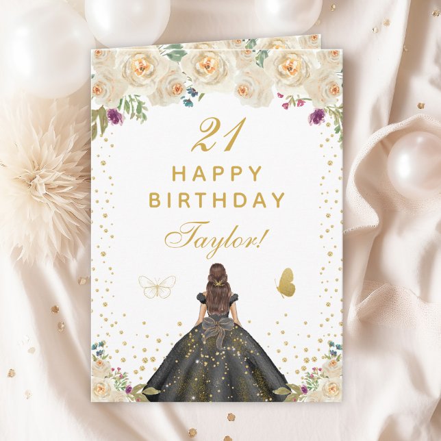 Cream Floral Brunette Hair Girl Happy Birthday Card (Creator Uploaded)