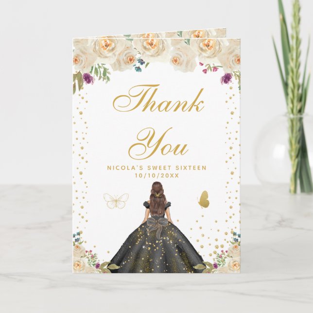 Cream Floral Brunette Hair Girl Sweet Sixteen Thank You Card (Front)