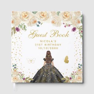 Cream Floral Brunette Hair Princess Birthday Party Guest Book