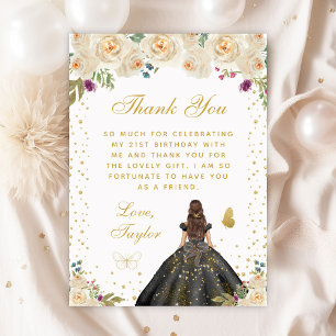 Cream Floral Brunette Hair Princess Birthday Party Thank You Card