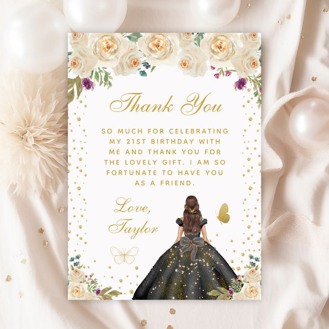 Cream Floral Brunette Hair Princess Birthday Party Thank You Card (Creator Uploaded)