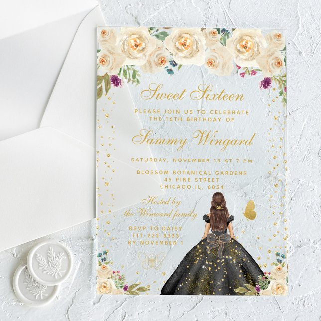 Cream Floral Brunette Hair Princess Sweet Sixteen Acrylic Invitations (Creator Uploaded)