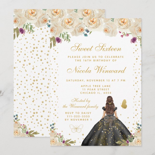 Cream Floral Brunette Hair Princess Sweet Sixteen Invitation (Front/Back)