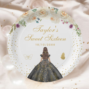 Cream Floral Brunette Hair Princess Sweet Sixteen Paper Plate