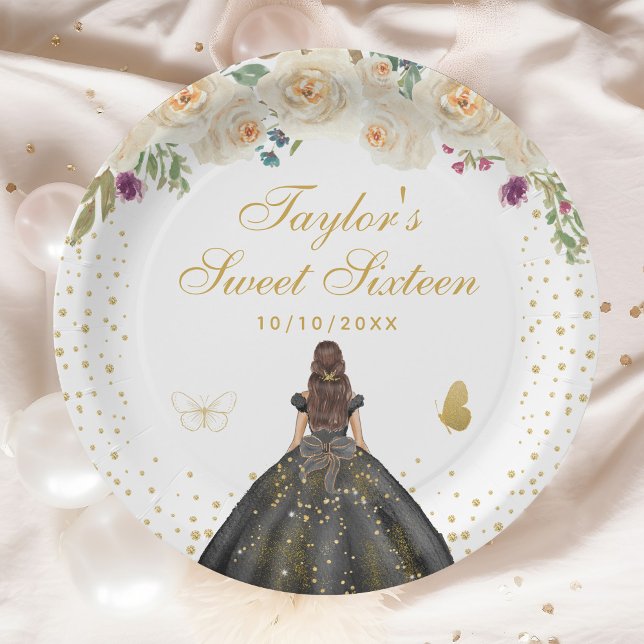 Cream Floral Brunette Hair Princess Sweet Sixteen Paper Plate (Creator Uploaded)