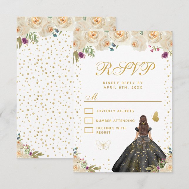 Cream Floral Brunette Hair Princess Sweet Sixteen RSVP Card (Front/Back)