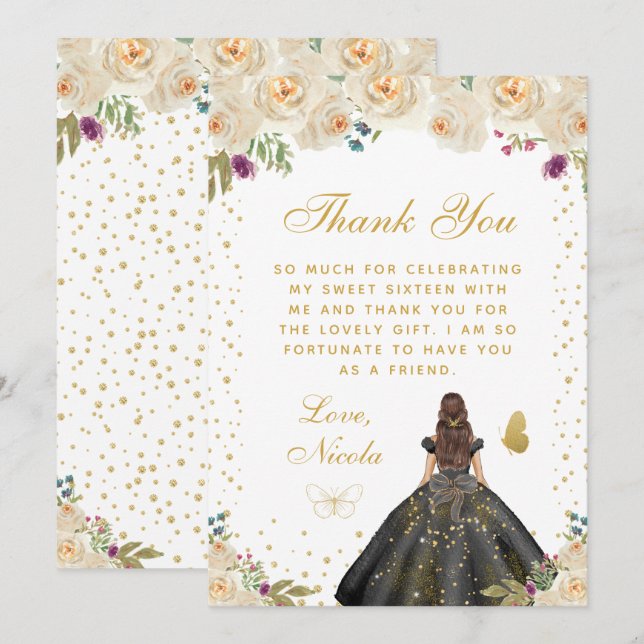 Cream Floral Brunette Hair Princess Sweet Sixteen Thank You Card (Front/Back)