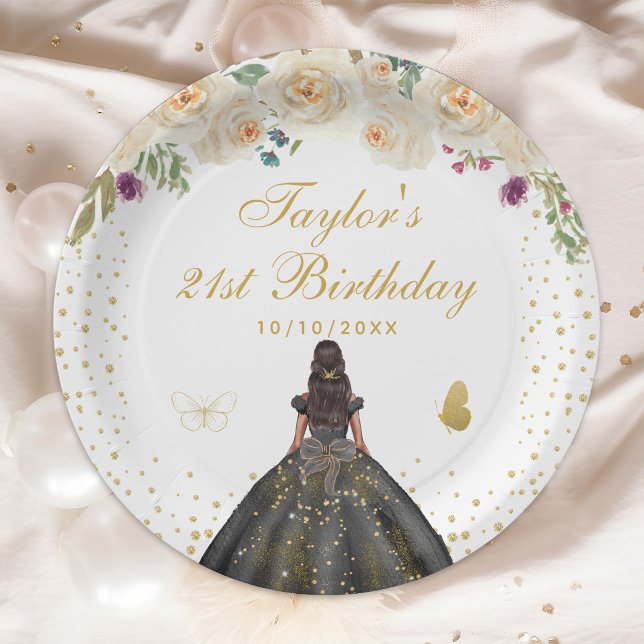 Cream Floral Dark Skin Girl Birthday Party Paper Plate (Creator Uploaded)