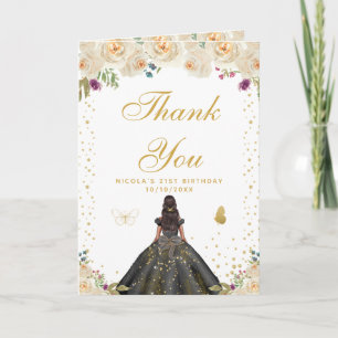 Cream Floral Dark Skin Girl Birthday Thank You Card