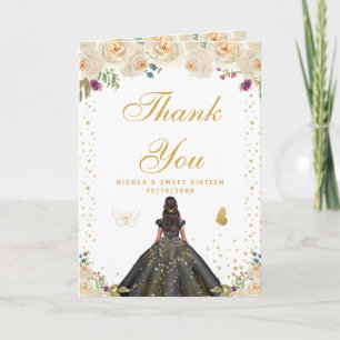 Cream Floral Dark Skin Girl Sweet Sixteen Thank You Card