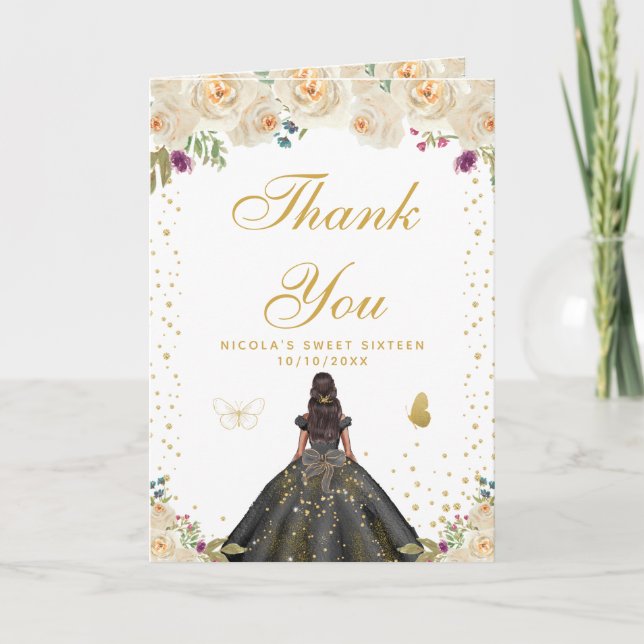 Cream Floral Dark Skin Girl Sweet Sixteen Thank You Card (Front)