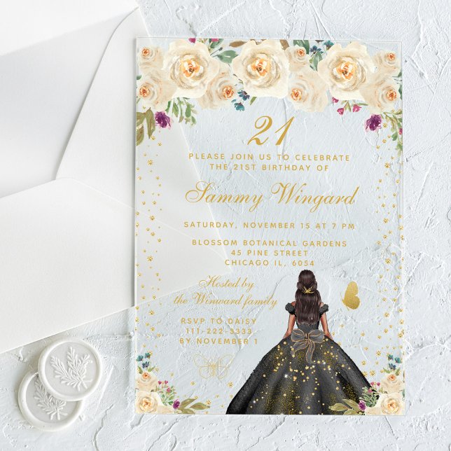 Cream Floral Dark Skin Princess Birthday Party Acrylic Invitations (Creator Uploaded)