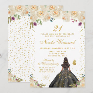 Cream Floral Dark Skin Princess Birthday Party Invitation