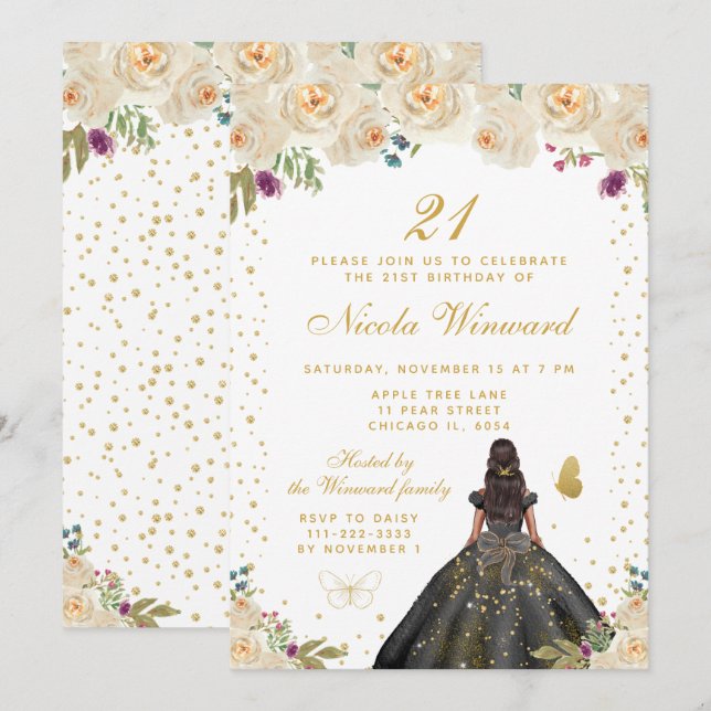 Cream Floral Dark Skin Princess Birthday Party Invitation (Front/Back)