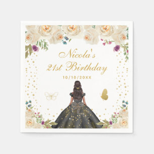 Cream Floral Dark Skin Princess Birthday Party Napkin