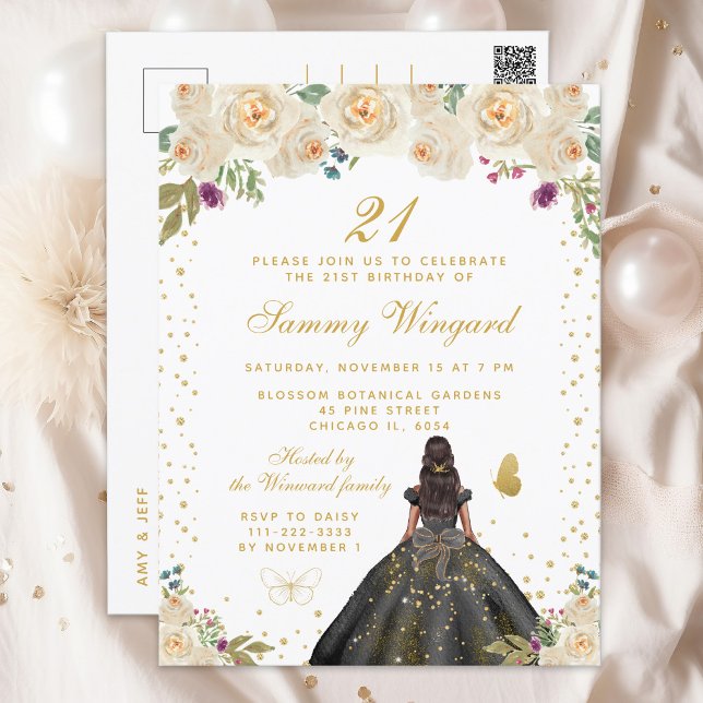 Cream Floral Dark Skin Princess Birthday Party Postcard (Creator Uploaded)