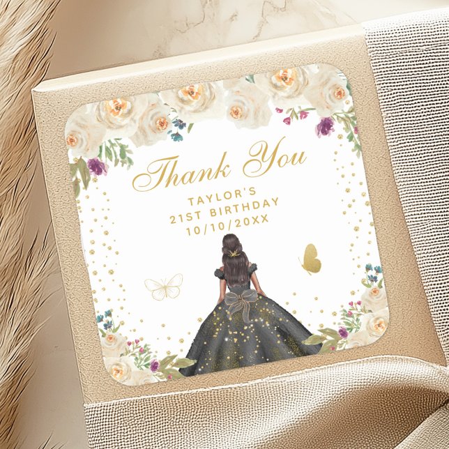 Cream Floral Dark Skin Princess Birthday Party Square Sticker (Creator Uploaded)