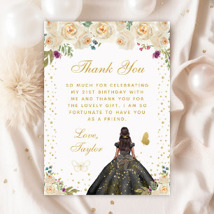 Cream Floral Dark Skin Princess Birthday Party Thank You Card
