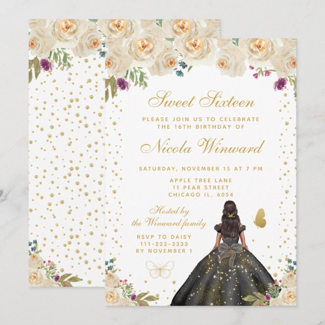 Cream Floral Dark Skin Princess Sweet Sixteen Invitation (Front/Back)