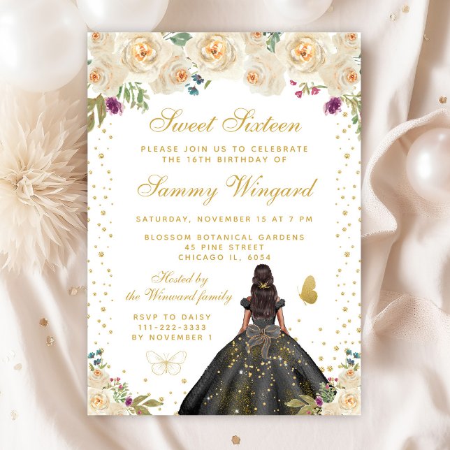 Cream Floral Dark Skin Princess Sweet Sixteen Invitation (Creator Uploaded)