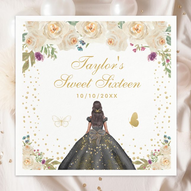 Cream Floral Dark Skin Princess Sweet Sixteen Napkin (Creator Uploaded)
