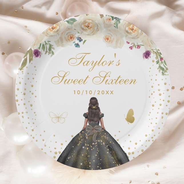 Cream Floral Dark Skin Princess Sweet Sixteen Paper Plate (Creator Uploaded)