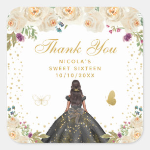 Cream Floral Dark Skin Princess Sweet Sixteen Square Sticker
