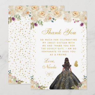 Cream Floral Dark Skin Princess Sweet Sixteen Thank You Card