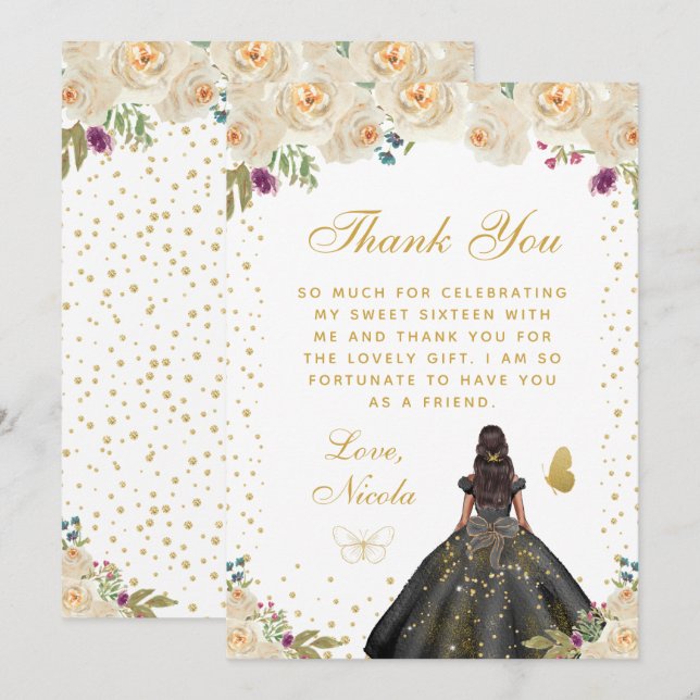 Cream Floral Dark Skin Princess Sweet Sixteen Thank You Card (Front/Back)