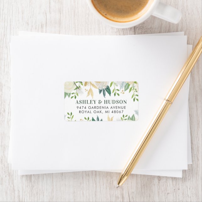 Cream Floral Gold Greenery Wedding Return Address Label (Insitu)