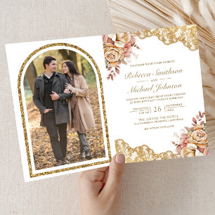 Cream Floral Gold Lace QR Code Photo Wedding Invitation