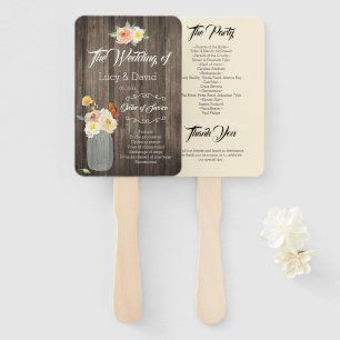 Cream Floral Mason Jar Rustic Barn Wood Wedding Hand Fan