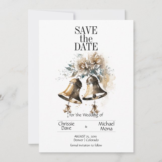 Cream Floral Pastel with Wedding Bells Wedding Save The Date (Front)